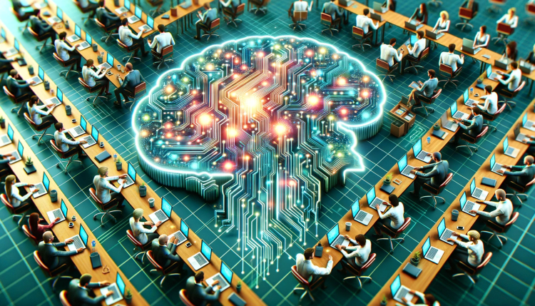 Abstract image of diverse white collar workers typing on laptops seated around a green digital brain.