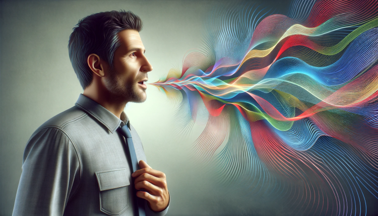 A man speaks emitting colorful soundwaves.