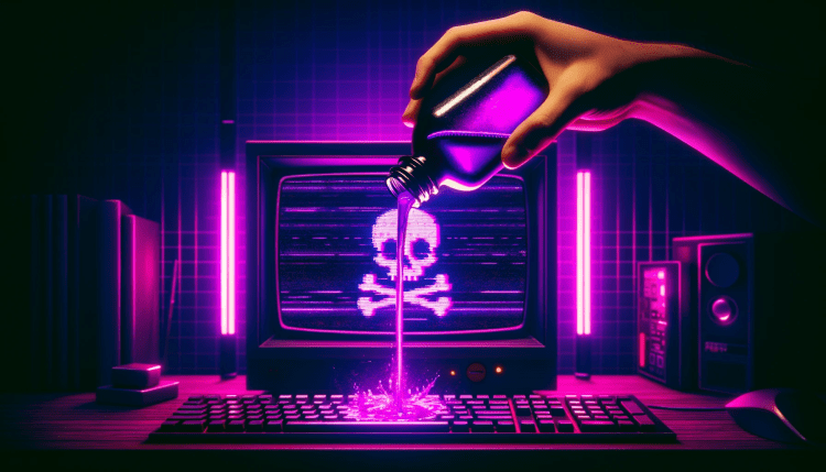 A hand pours a bottle of glowing purple liquid onto a keyboard of a vintage desktop PC displaying a pixellated purple skull and crossbones log amid flickering lines of static.