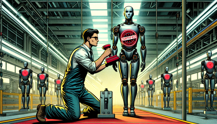 A masculine presenting worker stamps a robot with the label 'certified' in red. Both stand at the front of a green shaded warehouse filled with identical robots.