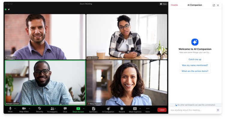 Screenshot illustrating Zoom AI Companion sidebar. Credit: Zoom