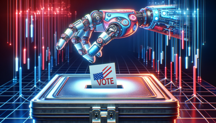 A robotic hand drops a ballot in a futuristic ballot box.