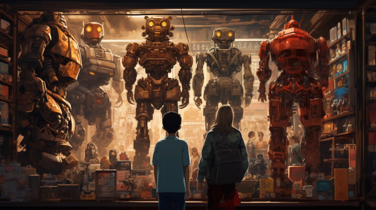 A masculine and feminine person stand in front of a store full of different colored robots.