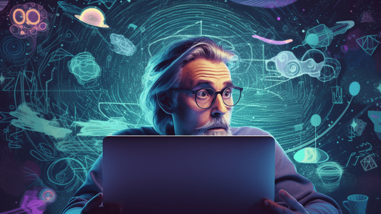 A bearded man with long gray hair peers over a laptop at glowing shapes in the air.