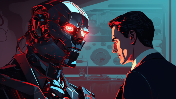 A humanoid robot with red eyes gazes at a masculine person in a suit, a pensive expression on the person's face.