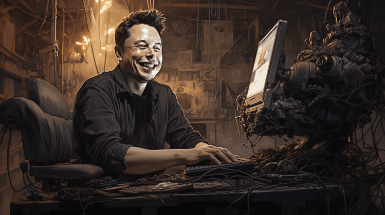 Smiling Elon Musk types at a computer with a large mechanical apparatus behind it.