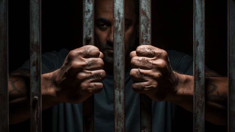 A muscular masculine prisoner within a dark prison cell grips the bars, representing jailbreaking.