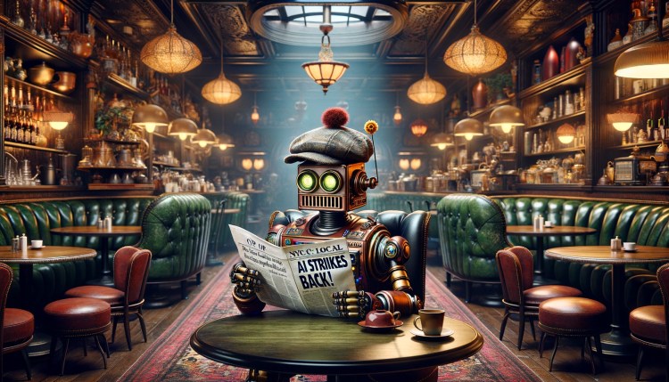 A robot with a beanie pom pom hat sits in a dark leather chair in a cafe reading a newspaper.