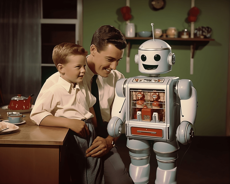 1950s image of an AI agent robot assistant standing in front of a father and son.