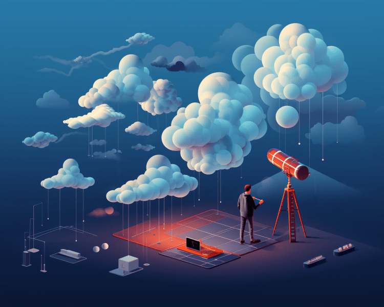 Digital AI isometric illustration of a small human figure in a suit standing beside a large telescope pointed at clouds