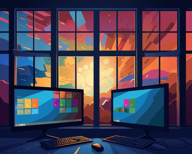 Windows computers in front of a window overlooking the sunset.