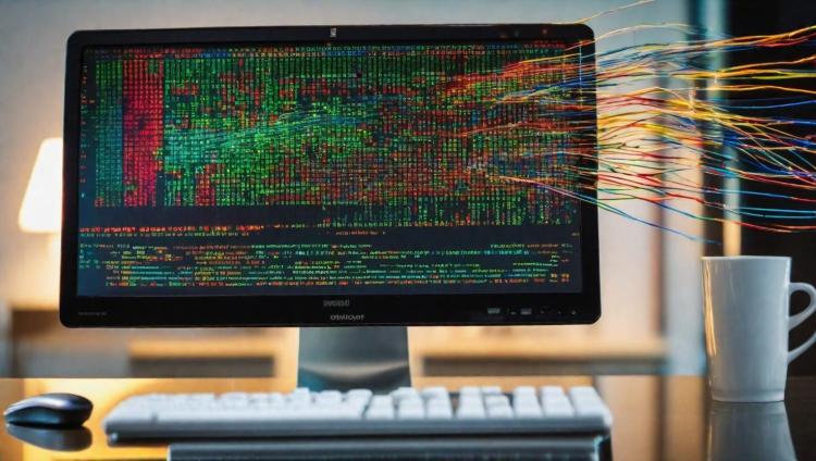 Computer monitor leaks strings of code out into the air.